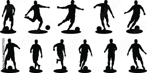 Soccer player silhouettes set showing football dribbling kicking running poses isolated vector collection of athletes sport action figures