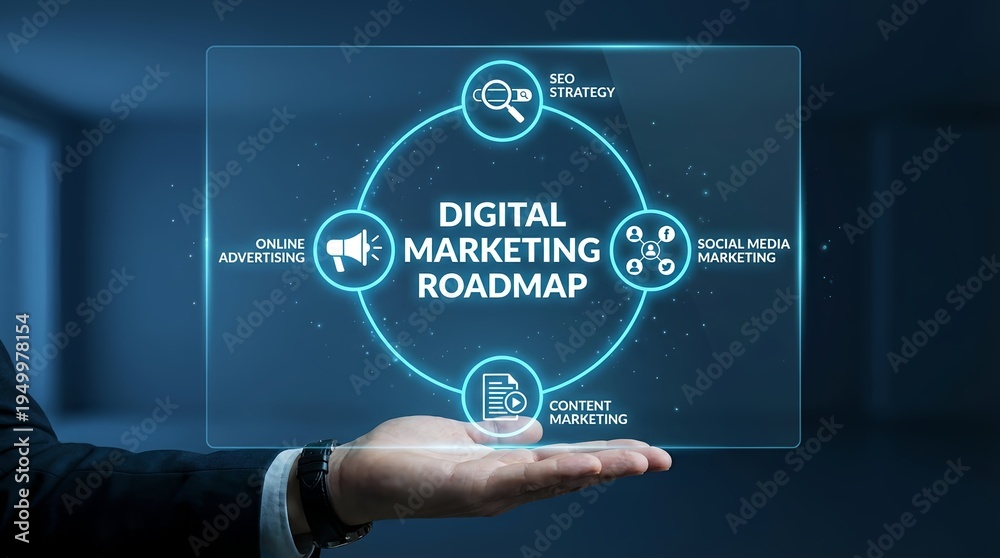 Fototapeta premium A hand holding a digital marketing roadmap on a transparent screen with various online marketing strategies