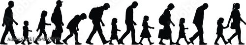 Human life evolution walking sequence silhouette showing growth from child to adult and elderly isolated vector illustration concept
