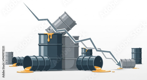 Oil Price Decline - Barrels and Falling Graph Illustration.