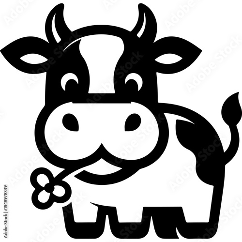 Funny calf chews a flower. Black and white vector with thick outlines isolated on white background