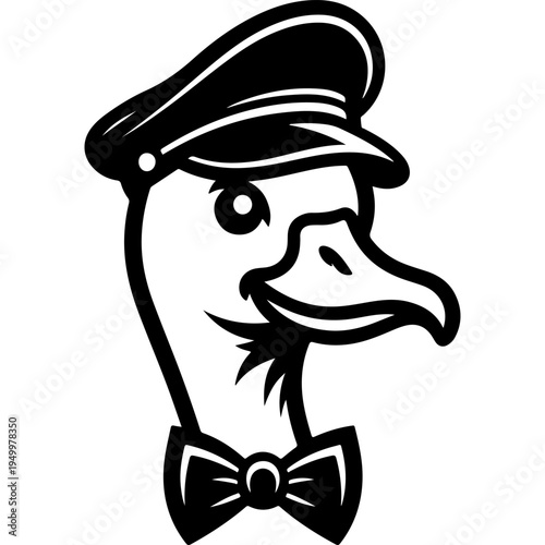 Angry duck captain with cap and bow tie, grumpy cartoon duck. Black and white vector with thick outlines isolated on white background