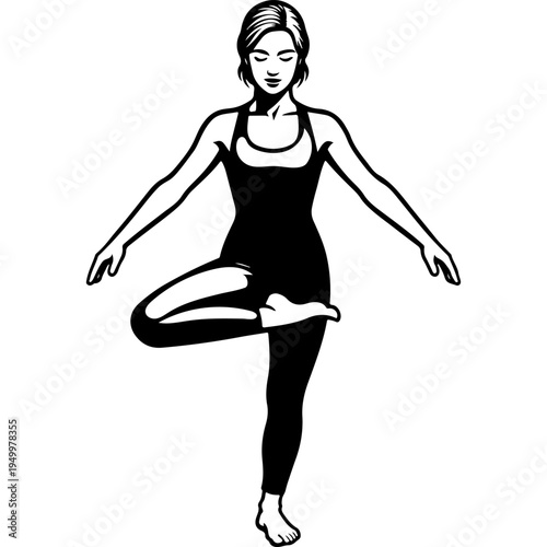 Graceful woman balancing in tree pose, one leg lifted, hands together, eyes closed, serene expression, black and white vector yoga silhouette, fitness logo