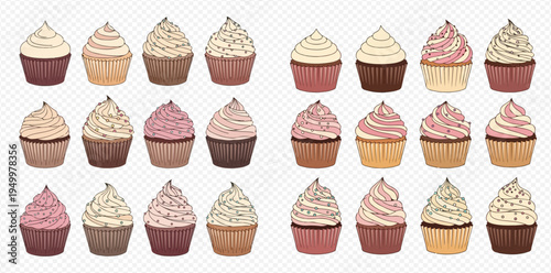 Collection of various delicious cupcakes with different frosting colors and toppings, perfect for celebrations and sweet treats.