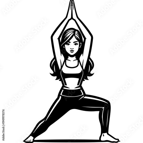 Woman in crescent lunge with prayer hands overhead, ponytail, sports bra, focused calm, black and white vector yoga warrior flow silhouette logo