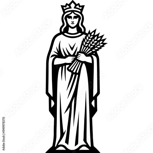 Graceful Greek goddess of fertility Demeter standing in flowing robes, holding ears of wheat and cornucopia overflowing with fruits, crowned, serene face, black and white vector statue logo