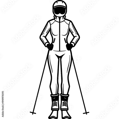 Slender girl skier in a tight suit and a protective helmet. Engraving minimalistic vector in black ink drawing on transparent background