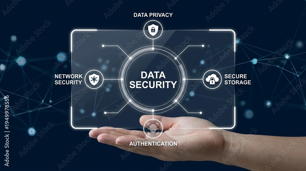 Fototapeta premium A hand holding a digital data security concept with icons for network security, authentication, secure storage, and data privacy.
