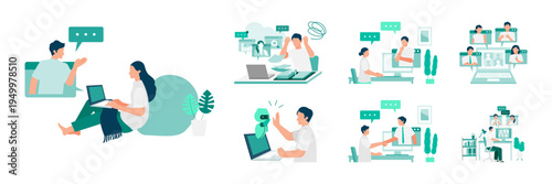 AI powered summer remote work illustration set showing hybrid work, energy saving and heat wave measures for modern flexible workplace
