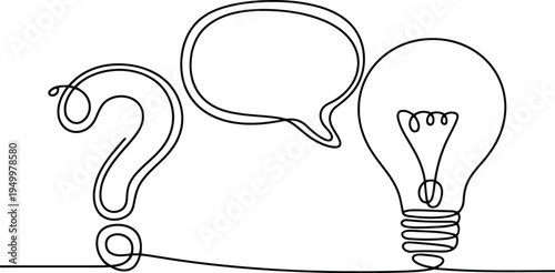 A single continuous line drawing featuring a question mark, speech bubble, and a bright light bulb