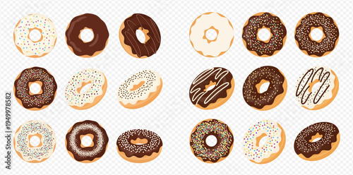 Set of assorted glazed donuts with various toppings on a transparent background.