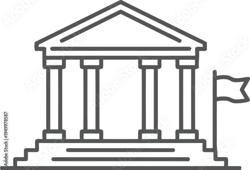 A minimalist line art icon depicting a classical government building with a flag flying beside it