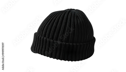 Isolated, ribbed knit winter hat; in black color; on black background