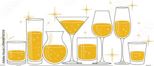 A collection of various glasses filled with golden drinks and decorated with sparkling star icons