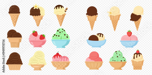 Set of colorful ice cream cones and bowls with various flavors and toppings, perfect for summer desserts.