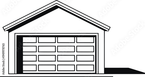 A simple black and white line art illustration of a detached residential garage building structure