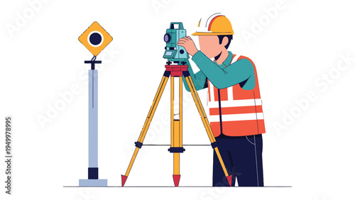 Precise Surveying: A surveyor at work, meticulously operating a theodolite mounted on a tripod for accurate land measurements and construction site planning, showcasing precision and technical skill.