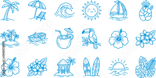 Tropical summer vacation icons with palm trees beach symbols and floral designs on white background