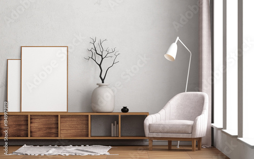 Scandinavian-style interior mockup with a chair, 
shelves, and posters. 3D illustration. 3D visualization.