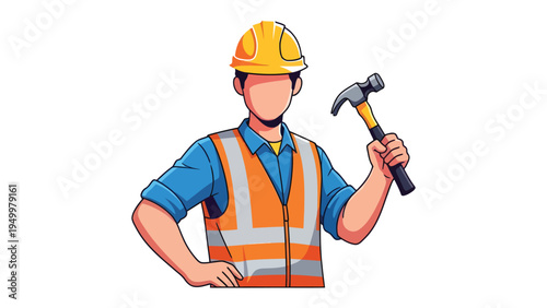 Builder holding Hammer: A focused builder, adorned in a safety vest and hard hat, confidently wields a hammer, symbolizing expertise, craftsmanship, and the power of construction.