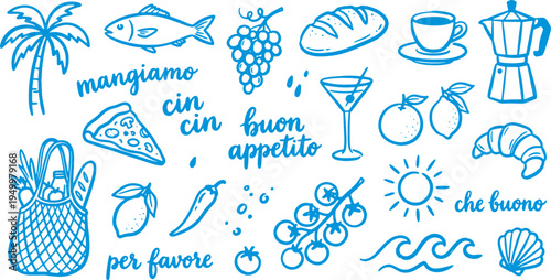 Italian food and drink icons with travel and leisure elements on white background