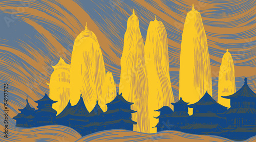 Hand-drawn surreal Asian temple background with yellow pagodas and blue architectural silhouettes. Features a swirling, textured sky in gold and blue with wavy, distorted lines.