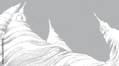 Hand drawn surreal pagoda landscape with distorted temple spires rising from flowing terrain. Black and white line art inspired by woodcut engraving, forming surreal temple scene.