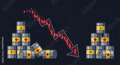 Oil Price Decline - Barrels and a Red Arrow Indicate Market Downturn.