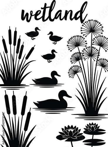 Set of wetland silhouettes featuring ducks swimming near cattails and water lily pads with papyrus plants and marsh vegetation icons for nature conservation designs