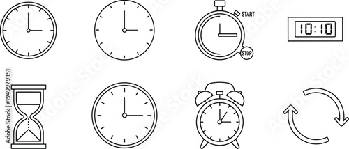 Collection of timekeeping icons, analog clocks, stopwatch, digital clock, hourglass, alarm clock, refresh symbol, productivity design, flat vector illustration