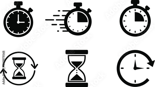 Collection of time measurement icons, stopwatch, hourglass, clock with arrows, urgency and cycle symbols, productivity design, flat vector illustration