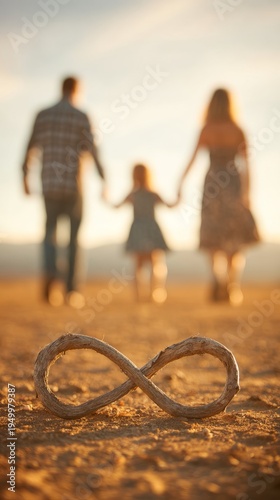 Infinity symbol in sand with family walking at sunset