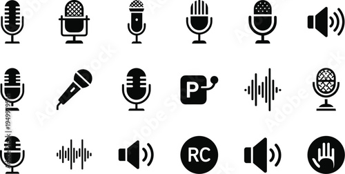 Collection of audio icons, microphone designs, sound wave symbols, speaker graphics, recording indicators, podcast elements, flat vector illustration