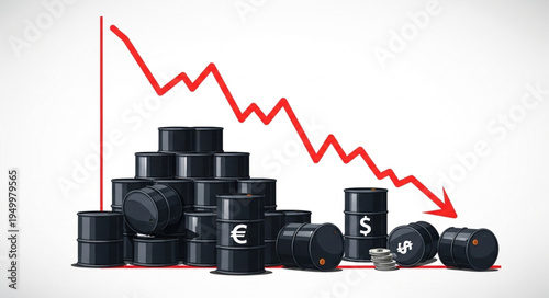 Oil Price Decline - Barrels and a Red Downward Trend Line.