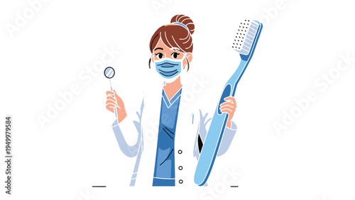 Dental Professional: A female dentist, adorned in professional attire, ready for dental examination with the equipment, illustrating dedication to oral health and patient care.