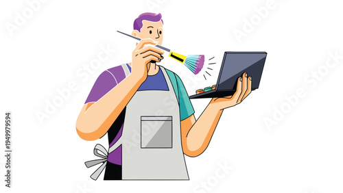 Digital Makeover: A skilled artist digitally enhances an image on a laptop, using a makeup brush to bring out the virtual beauty, a blend of artistry and technology.