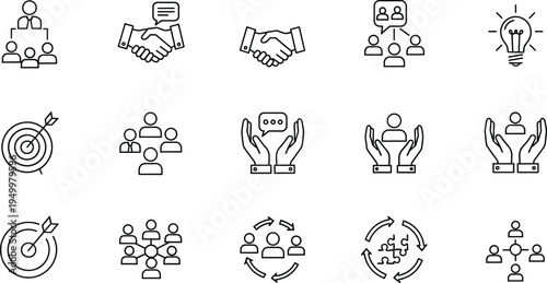 Collection of business icons, teamwork and leadership symbols, handshake, collaboration, innovation, goal achievement, support graphics, flat vector illustration