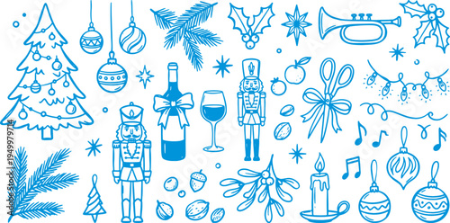 Christmas icons and symbols in blue on white background festive holiday decorations and objects