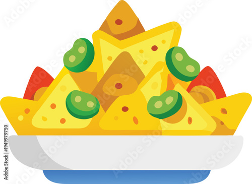 Stacked nachos with jalapenos and salsa in a bowl Keywords: nachos, tortilla chips, cheese