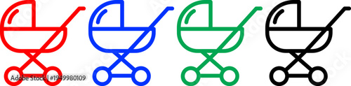 Baby stroller icons in red blue green and black colors on transparent background simple
