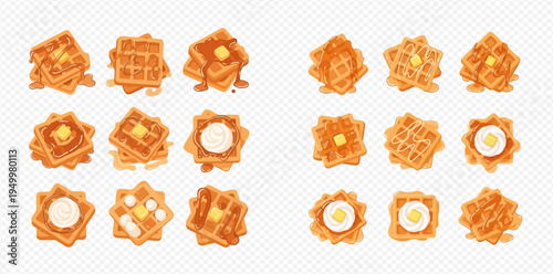 Set of delicious homemade waffles with butter and syrup for breakfast.