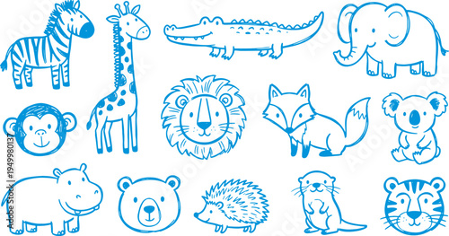 Collection of various cute animal illustrations in blue on white background for kids