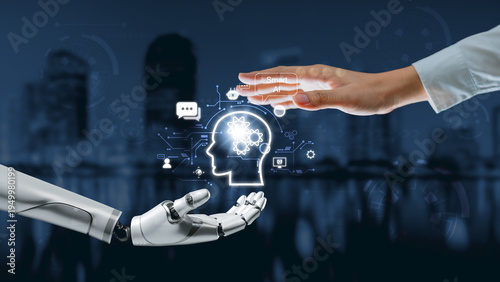Human hand interacting with robotic hand and digital AI brain interface with gear and smart technology icon, collaboration between artificial intelligence, human in modern automation and innovation.