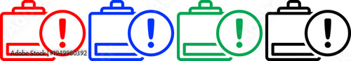 Clipboard icons with exclamation marks in red blue green and black for alerts and warnings