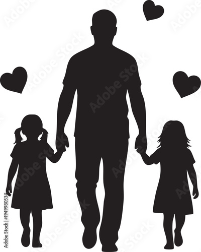 Silhouette of a man walking with two little girls hand in hand with hearts around