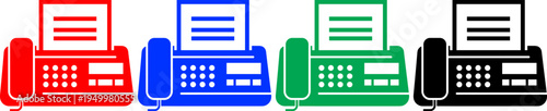 Collection of fax machine icons in red, blue, green, and black isolated on transparent