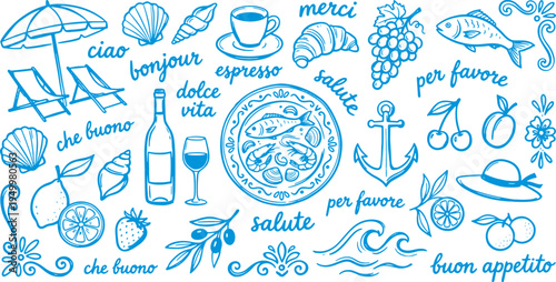 Summer vacation icons and phrases in blue on white background including food drink and leisure symbols