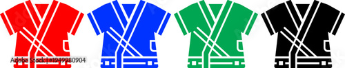 Collection of four martial arts uniform icons in red blue green and black colors