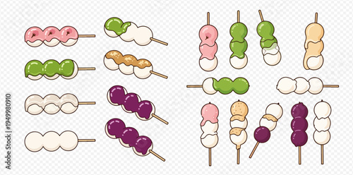 Set of colorful Japanese Dango mochi on skewers, traditional sweet dessert vector illustration.