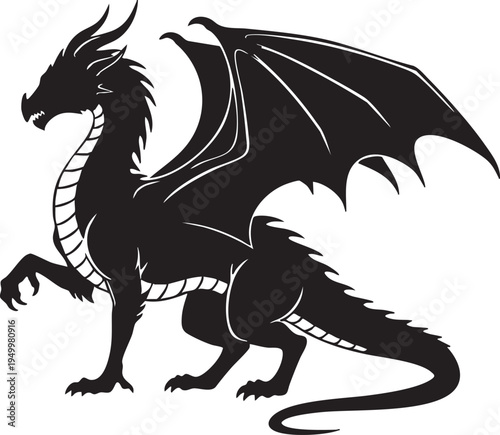A black dragon silhouette with white outlines on isolated standing strong